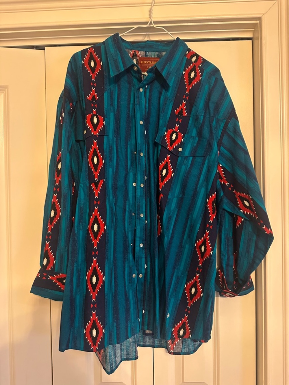 Rustler Teal Striped Aztec Button-Up Shirt with Red Accents